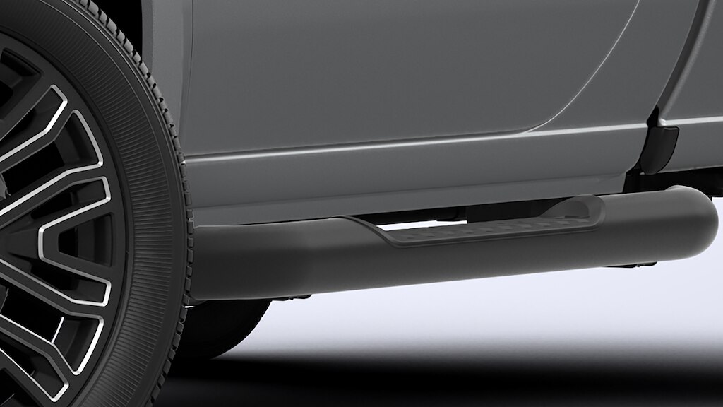 Estribos tubulares 4 pulgadas en color negro para Chevrolet Silverado Turbo 2025, camioneta de trabajo